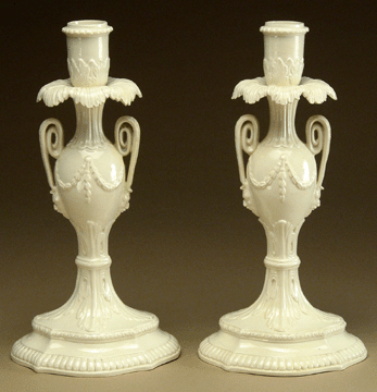 One rarity of the collection is a matched set of four neoclassical-style candlesticks, of which two are shown here, on vase-shaped stems with scroll handles and swags of husks. While unmarked, these candlesticks strongly resemble one illustrated in James and Charles Whitehead's 1798 pattern book. James and Charles Whitehead Factory (working 1796‱813), Hanley, Staffordshire, England, 1796‱800. Historic Deerfield, museum purchase with funds provided by Ray J. and Anne K. Groves. 