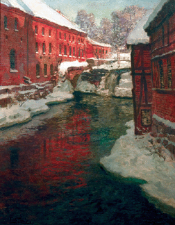 A snowy city scene by Frits Thaulow (Norwegian, 1847‱906), 32 by 26 inches, more than doubled its high estimate when it took $140,000.
