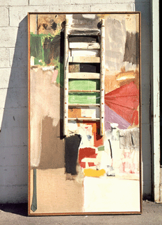 Robert Rauschenberg, "Octave,†1960, oil on canvas with assemblage (oil, paper and fabric), 77½ by 42¼ inches. Promised gift of the Virginia and Bagley Wright Collection. 