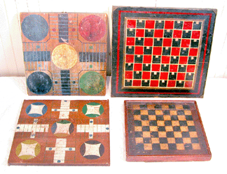 Among Walker's game boards, a circa 1880 Parcheesi board in the original green, red, black and yellow paint went for $2,520 and a checkerboard with brass trim drew $1,208.