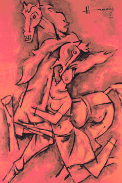 Maqbool Fida Husain (Indian, b 1915), untitled (Woman and Horses), 2002, oil on canvas, 70 by 48 inches, signed and dated "Husain 21.V.002†upper right, sold for $441,600.