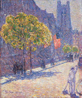 "Just off the Avenue, Fifty Third Street, May 1916," by Childe Hassam. This fine New York street scene was sold by the gallery. Courtesy of a private collection.