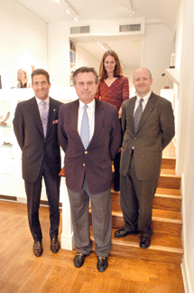 The latest generation of specialists shown here with Robin Graham, center, include Cameron Shay, left, president, sculpture; Priscilla Vail Caldwell, rear, vice president, American paintings; and Jay Grimm, right, gallery director, contemporary art.
