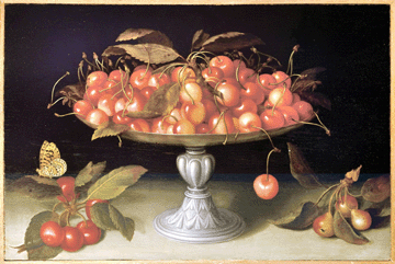 Although little known today, Fede Galizia may have been the first Italian to paint a still life. Her elegant, colorful style is epitomized by "Cherries in a Silver Compote with Crabapples on a Stone Ledge and Fritillary Butterfly,†circa 1620s. Collection of Wallace and Wilhelmina Holladay.