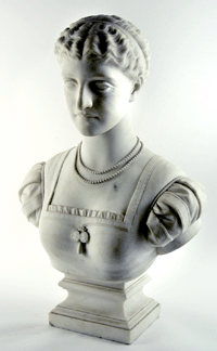 A marble bust of a young woman in Renaissance costume with pearl necklace and hair in a braided bun realized $14,300.