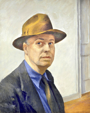 Painted in his mid-40s, when his career was finally taking off, Hopper in [Self-Portrait], 1925″0, looks warily at the viewer. "In his stylish, casual attire Hopper presents himself as a man of the world taking its measure, yet because success was so long in coming, he seems not entirely trustful of that success,†says exhibition curator Carol Troyen. Whitney Museum of American Art.
