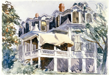 Hopper's interest in architecture and the effects of sunshine on the sides of houses are reflected in "The Mansard Roof,†a 1923 watercolor depicting an expansive sea captain's mansion that still stands in Gloucester, Mass. The Brooklyn Museum, New York.