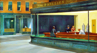 In his most famous image, "Nighthawks,†1942, based on an eatery in his Greenwich Village neighborhood, and likely influenced by the writings of Raymond Chandler and Ernest Hemingway, Hopper offered a glimpse into a brightly lit scene, but leaves viewers wondering what is going on among the people depicted. The Art Institute of Chicago.