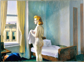 In this characteristically enigmatic painting, "Morning in a City,†1944, Hopper bathed the nude woman in startlingly bright sunlight. Respected critic Henry McBride suggested that the young woman is preparing to go to work, but "the artist does not tell us what she is thinking.†Williams College Museum of Art, Williamstown, Mass.