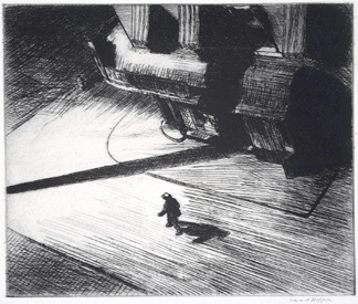 From the dramatic vantage point of a skyscraper, Hopper conveyed the unsettling quality of nocturnal life in New York in "Night Shadows,†1921, his most ominous etching. Museum of Fine Arts, Boston.