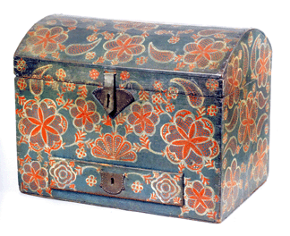 Painted blue with red and white compass decoration, this Lancaster County box, 12½ inches high by 16 inches wide, went to Yardley, Penn., dealers C.L. Prickett Antiques for $374,400. It previously belonged to George Horace Lorimer, the prominent Pennsylvania collector and Saturday Evening Post editor. From the Kanter collection, a nearly identical one-drawer box by the same hand brought $104,250 at Sotheby's in 2002.