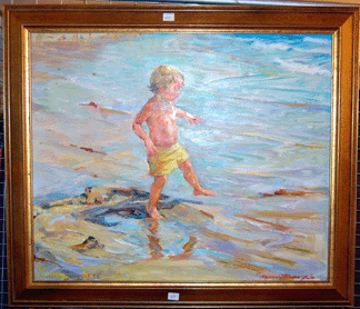 More than one person in the sale room regretted not bidding on the charming beach scene with a little blonde boy splashing in the sunny shallows by Gloucester and Cambridge artist Marian Williams Steele. It sold for a strong $1,380.