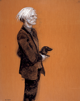 While working at the Factory, Wyeth created numerous portraits of Warhol, including "Andy Warhol †With Archie in Profile (Study #8),†1976, showing the older artist clutching his dog. This combined media on cardboard work measures 53 by 42 inches. Collection of Jamie Wyeth. ©Jamie Wyeth.