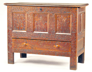 Joined chest with drawer, unknown maker, probably Deerfield or Hatfield, Mass., circa 1707, white oak and yellow pine (replaced interior drawer elements and cleats), bequest of Barbara Humes Euston.