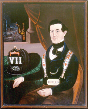 A portrait of Charles C. Henry of Charlestown, Mass., circa 1850, is attributed to Sturtevant J. Hamblin. Henry was a restaurateur and the leading hoseman for the Howard Number 7 Volunteer Fire Company. His hat is decorated with the legend, "Leading hose,†and the number 7 appears in the fire scene in the background and in Roman form on his hat.