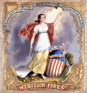 The Western Fire Company of Philadelphia commissioned the mid-Nineteenth Century parade banner from sign painter John Woodside, who applied patriotic images of Liberty with a sword and a shield, the royal crown of tyranny beneath her foot and the Declaration of Independence. Patriotism was an enduring theme among fire company volunteers.
