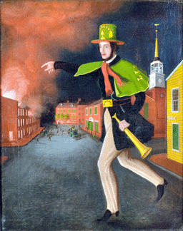 A folk art oil on canvas painting depicts a firefighter in a cape and parade-style hat holding a speaking trumpet as he points to a fire in a colonial town. His hat, cape and belt buckle are marked "Liberty.†Other artists, such as Thomas Sully, Charles Peale Polk and unidentified folk painters, produced commissioned and other firefighting paintings. 