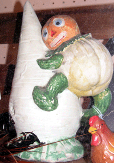 Halloween proved to be hot in the booth of Flemington, N.J., dealer Sue Halsey, who offered this rare, 9-inch veggie man on turnip for $1,500.