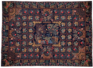 Appliquéd carpet, artist unidentified, Northeastern United States, possibly Maine, circa 1860, wool appliqué and embroidery on wool, 112 by 158 inches. Collection American Folk Art Museum, promised gift of Ralph Esmerian. ⁊ohn Bigelow Taylor photo, New York City.