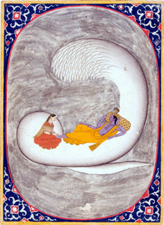 Indian, "The Creation of the Universe: Vishnu and Lakshmi on Sesha, the Cosmic Serpent, Floating on the 'Multitudinous Seas,'†circa 1770‱775, opaque watercolor on paper heightened with gold and silver, 10 7/8  by 8 inches. ⁋atherine Wetzel photo, ©2007 Virginia Museum of Fine Arts