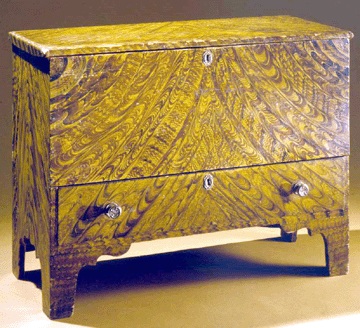 Fancy lift-top chest with drawer, maker unknown, possibly New Hampshire, early Nineteenth Century. Collection of Shelburne Museum.