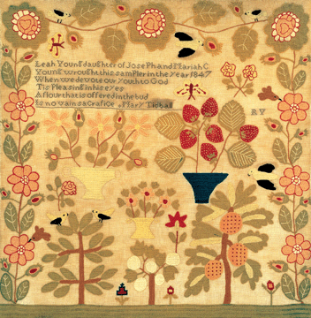 A pictorial sampler made at the Mary Tidball School by Leah Young, 1831, Peters Township. Collection of the American Folk Art Museum.