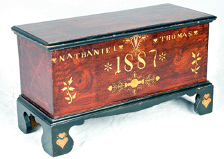 A miniature blanket box inscribed "Nataniel Thomas,†1887, attributed to Peter Thomas, Soap Hollow, Penn.