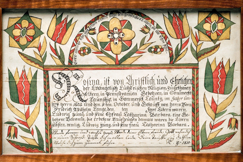 A birth and baptismal certificate made for Rosina Yung, 1810, by an unidentified "Brothers Valley†artist.