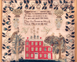 A sampler for the newly identified "Star†School, so named because of seven starlike clusters that appear over the building on each of the identified samplers, this pictorial is signed Mary Ann Shields, 1828. Collection of Harley N. Trice.