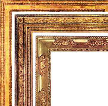 American frames on view include, from left, a gilt composition frame designed by Stanford  White, a Nineteenth Century gilt composition frame with panels of scrolling vines leading to rosette corners, and a carved and gilt frame in the Venetian style by Charles Prendergast, signed and dated 1905.