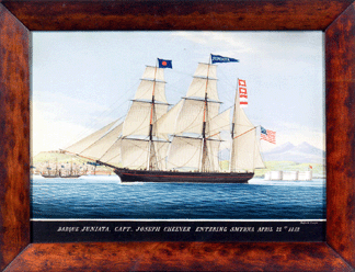 In their original walnut frames, two gouaches (one shown) by nautical painter Rafael Corsini depicting the Juniata, a Maine-built vessel used in the Mediterranean fruit trade, sold for $27,025 and $11,750. The pictures descended in the family of Joseph Cheever, captain of the Juniata. A member of the Salem Maritime Society, Cheerver is depicted steering his boat into the harbor at Smyrna, now Izmir, Turkey, in this view.