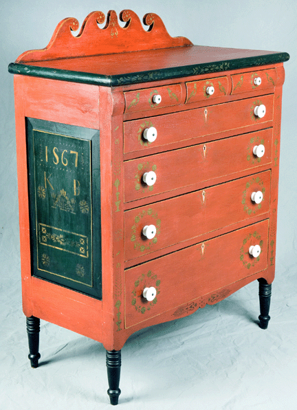 Somerset County cabinetmaker John Livingston, the maker of this exquisite "Chinese†red three-over-four-drawer chest with stenciled foliate and bird decoration, lived his entire life in Soap Hollow. Collection of the Westmoreland Museum of American Art.