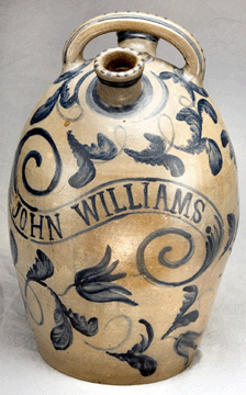 Produced by an unknown Greensboro maker, this harvest jug is decorated in classic Germanic style and bears the name of the owner. Collection of Frank, Susan and Kaitlin Swala.