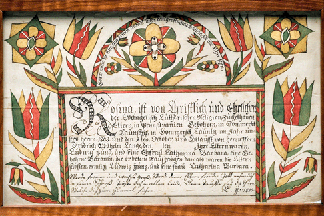 Birth and baptismal certificate made for Rosina Yung, 1810, by an unidentified "Brothers Valley†artist.