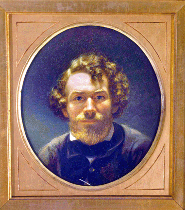 In his late "Self-portrait,†circa 1856‱857, Ranney presented himself as a thoughtful, intense, mature figure, whose profession is indicated by the barely visible end of a paint brush at the bottom of the picture. Private collection.