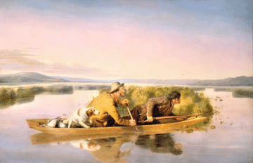 An experienced sportsman himself, Ranney infused paintings like "Duck Hunters,†1849, with his knowledge of the strategies and challenges of hunting in marshes near his New Jersey home/studio. Here, all three figures lean forward expectantly as they eye several ducks to the far right, all enveloped in a glowing atmosphere. Museum of Fine Arts, Boston.