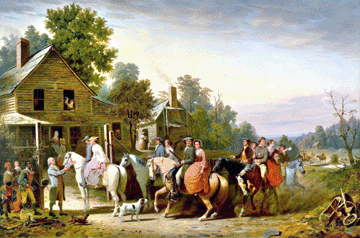 "Virginia Wedding,†1854, measuring a sizeable 54 1/8 by 82½ inches, takes a nostalgic look at folks arriving at a Southern plantation for a festive celebration of an Eighteenth Century wedding. Ranney never visited Virginia, but he had happy memories of the South from having lived in North Carolina. The R.W. Norton Art Gallery, Shreveport, La.