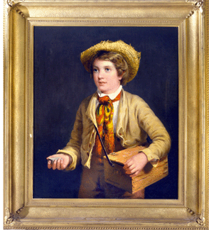 Ranney rendered an optimistic view of New York City street urchins who peddled matches, flowers, fruit and newspapers in "Match Boy,†1845. The pink cheeks and relatively neat appearance of this young entrepreneur belie the dangers and grime that confronted underclass youngsters in congested neighborhoods. Private collection.