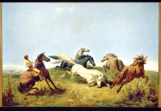 Ranney immortalized the skill and daring of Mexican vaqueros and the strength and beauty of untamed mustangs in paintings like "Hunting Wild Horses,†1846. Here, four wild-eyed steeds circle a terrified mustang who has been lassoed by an intrepid rider. Museum of the American West, Autry National Center, Los Angeles.