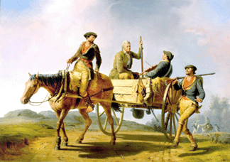 Ranney celebrated the crucial role of citizen-soldiers in the struggle for independence in "Veterans of 1776 Returning from the War,†1848. Here, a happy group of veterans head home to enjoy the freedoms they helped secure in the American Revolution. Dallas Museum of Art. 