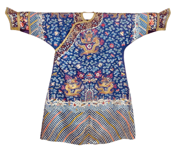 Blue-ground silk dragon robe, Chinese, Qing Dynasty, late Nineteenth Century, gift of Ruth Thomas in memory of Katrine Perkins, Bruce Museum collection.