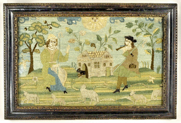Pastoral scene of shepherd and lass, circa early 1700s, 13 5/8   by 8 3/8  inches.  Silk on linen, probably American. This transitional piece combines flat work with padded and overstitched work in the roof and grass. The use of different stitch techniques creates dimension and depth. Whimsy is added with the use of the bullion stitch to create the sheep's fleece, and the inclusion of the sun overhead and a dog running from the house.