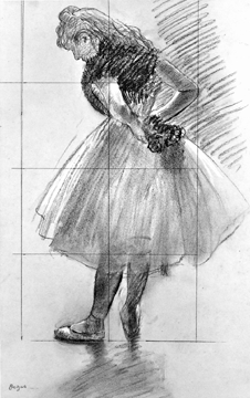Edgar Degas (French, 1834‱917), "Dancer Tying Her Scarf,†circa 1887, black crayon heightened with white on paper squared for transfer, 18 2/3  by 11 2/3  inches. ⁊oseph Levy photo 