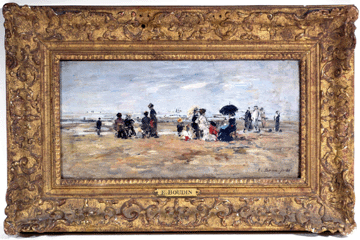 Eugène Boudin (1824‹8), "Trouville. Scène de Plage,†1880, oil on wood, 6 7/8  by 13¾ inches, signed and dated, from a private Stuttgart collection, sold for $538,000.