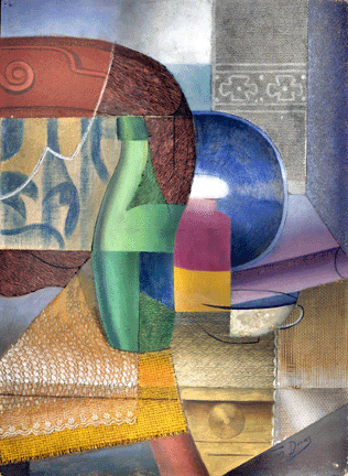 Although little known today, Marthe Donas, a Belgian, contributed to Modernist art with Cubist-inspired works like "Still Life with Bottle and Cap,†1917. It consists of lace, sandpaper, cloth, netting and paint on composition board.