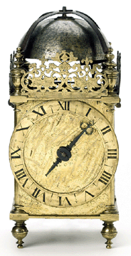 Engraved with a "Memento Mori†(Remember your mortality) scene of a skeleton with Biblical reference, shown below at right, and, on the other side, Chronus walking with his scythe, this rare and important lantern clock, dating back to the reign of James I (1603‱625), was sold for $286,000 †a world record price for a clock of this kind. 