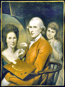 "Self-Portrait with Angelica and Portrait of Rachel†by Charles Willson Peale, 1782‸5. Offered to Ima Hogg in 1960, this portrait of Peale at his easel painting his wife with his daughter at his side was deemed too expensive by Hogg's advising committee at the Museum of Fine Arts, Houston. Rudy Wunderlich of Kennedy Galleries was heading back to New York when he got a call from Hogg asking him to hold the painting for a day or two. By the time the dealer reached New York, Hogg had wired him that she would take it. Oil on canvas; 36 1/8  by 27 1/8  inches.