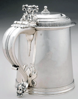 Tankard, shop of John Coney (1655/56‱722), Boston, 1695‱711. Silver; 6 15/16  by 5 1/16  by 8 inches. A 1984 note from Margaret Revere, a great-great-granddaughter of the patriot silversmith Paul Revere, discusses the disposition of this silver tankard, among 18 pieces of family silver divided among the grandchildren of Mary Revere in December 1917. "In my family, this division was always known as 'The Great Divide,'†Margaret Revere wrote.