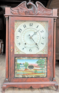 Wadsworths & Turners of Litchfield, Conn., made this clock in about 1820. With its wooden works, pine case, scenic handpainted glass and a hand carved eagle on top, it was one of the best clocks Shahady's Antiques of Bridgeport, W.V., ever sold, which they did just as the field opened. ⁃entral Park    