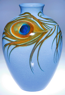 An important Rookwood Iris Glaze with Art Nouveau peacock feather by Carl Schmidt fetched $42,550 from a floor bidder.